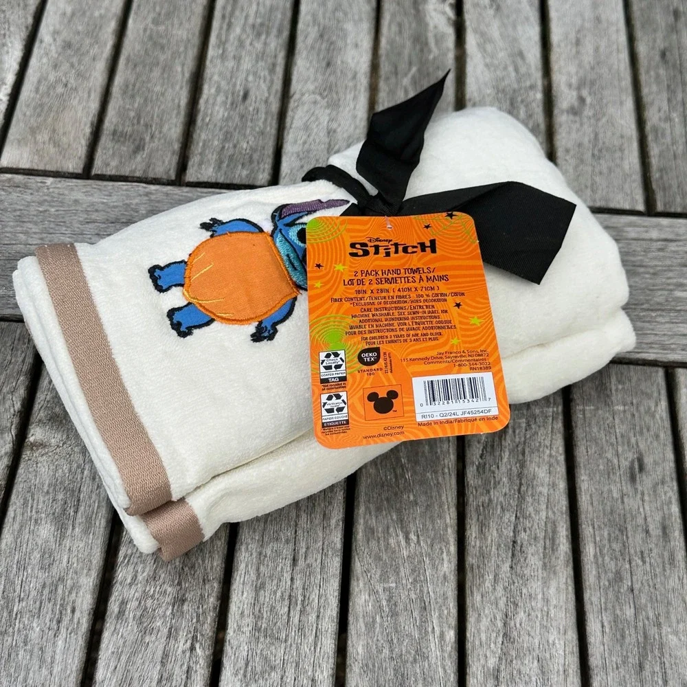 Disney Stitch Halloween Pumpkin 2 Pack Hand Towels Cream White 16x28 Cotton New